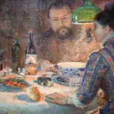 A woman in a striped dress sits at a table laden with food and drink, her gaze directed towards a man reflected in the background. This scene captures the essence of Marie Bracquemond's artistic vision.