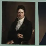 Three portraits in the style of Regency era paintings: a man with a horse, a man in a dark coat with a ruffled shirt, and a man in a dark military uniform.