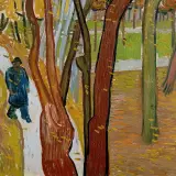 A solitary figure in a blue coat walks a path through a forest, a scene reminiscent of famous autumn paintings, with vibrant fall colors and scattered leaves.