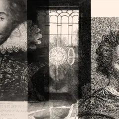 A collage featuring a portrait of William Shakespeare, a window with a sunburst, and a portrait of Christopher Marlowe.