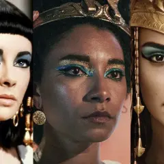 Three striking portraits of Cleopatra, showcasing her iconic eye makeup and regal headdresses.