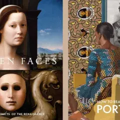 Collage of book covers: "Hidden Faces" features Renaissance portraits. "How to Read Portraits" shows a modern woman and a family portrait.