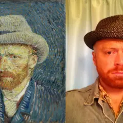 A split image: Van Gogh's self portrait in a straw hat on the left, and a modern man in a similar hat on the right.