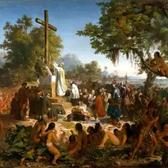 A priest leads a mass before a cross, surrounded by indigenous people and European explorers. This historical art in Brazil depicts a pivotal moment.