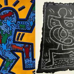 Two contrasting pieces of Keith Haring subway art. One is a vibrant, colorful depiction of figures and dogs, while the other is a stark, chalk-like drawing on black paper.