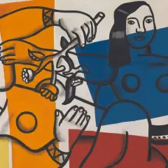 A vibrant scene from Fernand Léger paintings, featuring bold figures in primary colors, interacting with a flower.