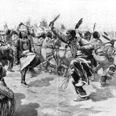 Native Americans in traditional attire perform a spiritual dance, with feathered headdresses and symbolic movements evoking the Ghost Dance tradition.