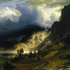 A dramatic mountain valley with a lake, showcasing the sublime style of famous landscape artists.