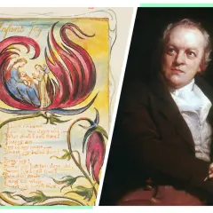 A split image: on the left, William Blake's "Infant Joy" illustration with a mother and child; on the right, a William Blake portrait of the artist himself, holding a quill.