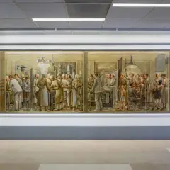 A mural depicting scenes of medical care, showcasing doctors and nurses tending to patients, a testament to famous medical paintings and the history of healing.
