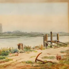 A watercolor painting, possibly Hitler's artwork, depicts a serene river scene with a distant tower and a rustic dock.