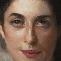 A close-up oil painting of Lady Agnew of Lochnaw's face, focusing on her eyes and lips.
