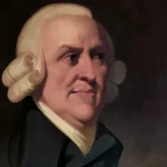 An Adam Smith portrait shows the economist with powdered wig and dark coat, looking thoughtfully to the side.