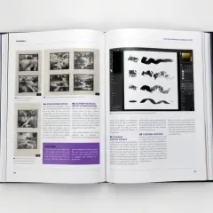 Book page showing digital painting tutorials, with sketches and Photoshop interface. The composition in art is explored through layout studies and brushwork.