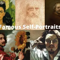 A collage of famous self-portraits, including Frida Kahlo with monkeys and a cat, Leonardo da Vinci's sketch, Rembrandt, and a dramatic self-portrait with hands on head.