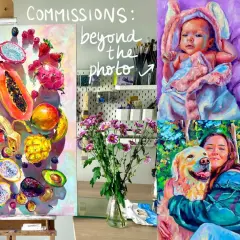 Vibrant paintings of a baby, dog, cat, woman with dog, and fruit display the work of unique portrait artists.