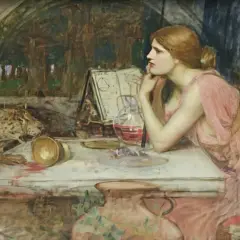 A pensive woman in a pink dress, likely Circe, gazes into the distance in this painting. She rests her chin on her hands, surrounded by alchemical tools and a mysterious red liquid.