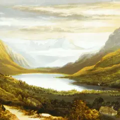A serene lake nestled between golden, sun-drenched mountains. The artist masterfully uses light and shadow to create a peaceful tone in this landscape.