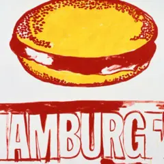 Andy Warhol's iconic pop art hamburger, rendered in bold red and yellow, with the word "HAMBURGER" emblazoned below.