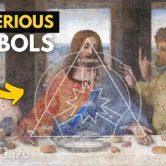 Leonardo da Vinci's painting of the Last Supper, overlaid with geometric symbols and text about "Mysterious Symbols.