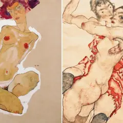 Two expressive Egon Schiele nudes, one a solitary figure, the other a passionate embrace, showcase his distinctive style.