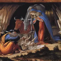 A classic nativity scene, one of many nativity paintings by famous artists, depicts Mary, Joseph, and angels gathered around the infant Jesus in a humble stable.
