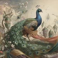 A majestic peacock, symbolizing beauty and royalty, stands amidst celestial clouds, ornate lanterns, and blooming branches.