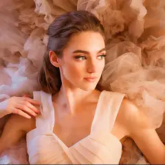 A beautiful woman in a flowing gown, captured in a dreamy fine art portrait photography style, surrounded by soft, ethereal fabric.