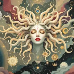 A celestial Medusa, a stunning piece of Greek mythology art, with serpentine hair swirling amidst stars and cosmic flowers.