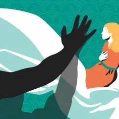 A dark silhouette of Othello reaches out, his hand a shadow over the pale figure of Desdemona, who looks away in distress.