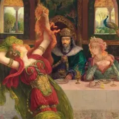 Salome dancing before Herod, her red dress and green veil swirling. Herod and his wife watch, a peacock nearby.