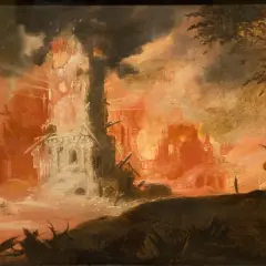 Painting of the destruction of Sodom and Gomorrah. Angels watch as fire engulfs the city, leaving behind ruins and smoke.
