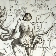 An antique celestial map depicts Serpentarius wrestling a serpent, surrounded by other medieval zodiac signs like Hercules and Aquila.