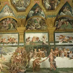 A grand fresco depicting the fall of the giants, with gods battling monstrous figures amidst clouds and celestial scenes.