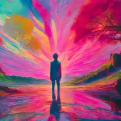 A lone figure stands in a vibrant, surreal landscape. The sky explodes with color, reflecting in the water below. This surrealism art captures the essence of nature transformed.