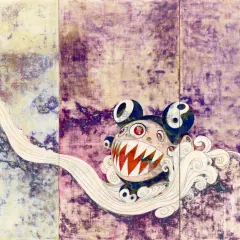A cartoonish creature with sharp teeth and yin-yang eyes, set against a textured, purple and yellow background, embodies pop art characteristics with its bold imagery and vibrant colors.