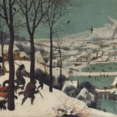 The hunters in the snow return to a village, their dogs leading the way. A frozen pond bustles with skaters in the distance.
