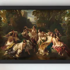 A group of nymphs relax by a stream in a lush forest, a castle visible in the background, in this painting by Franz Xaver Winterhalter.