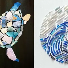 Found object art: a mosaic turtle on a dark background and a circular wave made of broken glass pieces.