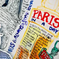 A man in a red beret smiles, surrounded by sketches of Paris. Early drawings like these were vital for documenting and understanding the world, showing why was drawing so important early on in history.