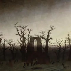 A graveyard with skeletal trees and a ruined abbey, bathed in an eerie twilight. This is a prime example of gothic romanticism art, evoking a sense of melancholy and the sublime.