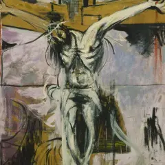 A stark, expressive holy week art painting depicts a crucified figure with raw brushstrokes and a crown of thorns.