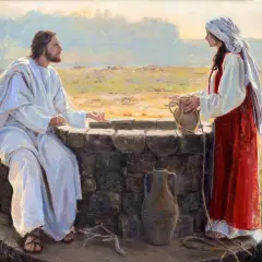 Jesus speaks to a woman at a well in this art. She holds a water jug, and he gestures as they converse.