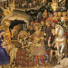 A famous medieval art piece depicting the Adoration of the Magi. Mary holds baby Jesus, with Joseph and onlookers present. Kings offer gifts, surrounded by horses and a dog.