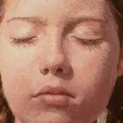 Close-up portrait of a young girl with closed eyes, rendered in delicate egg tempera paint, her braided hair framing her serene face.