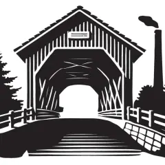 A stark black and white drawing of a covered bridge, with trees and a smokestack.