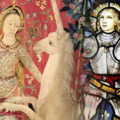 A tapestry depicts a woman with a unicorn in captivity, juxtaposed with a stained-glass image of a knight.