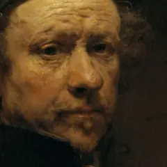 A close-up of a Rembrandt self-portrait, showing the artist's weathered face and intense gaze.
