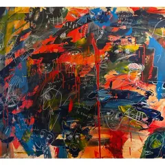 A chaotic canvas of modern expressionism art, featuring bold strokes of red, blue, and yellow, with scribbled figures and phrases like "HELP" and "I want to escape.