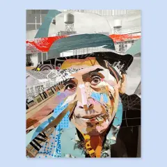 A collage of paintings forms a portrait of a man in a hat, with cityscapes and abstract shapes in the background.